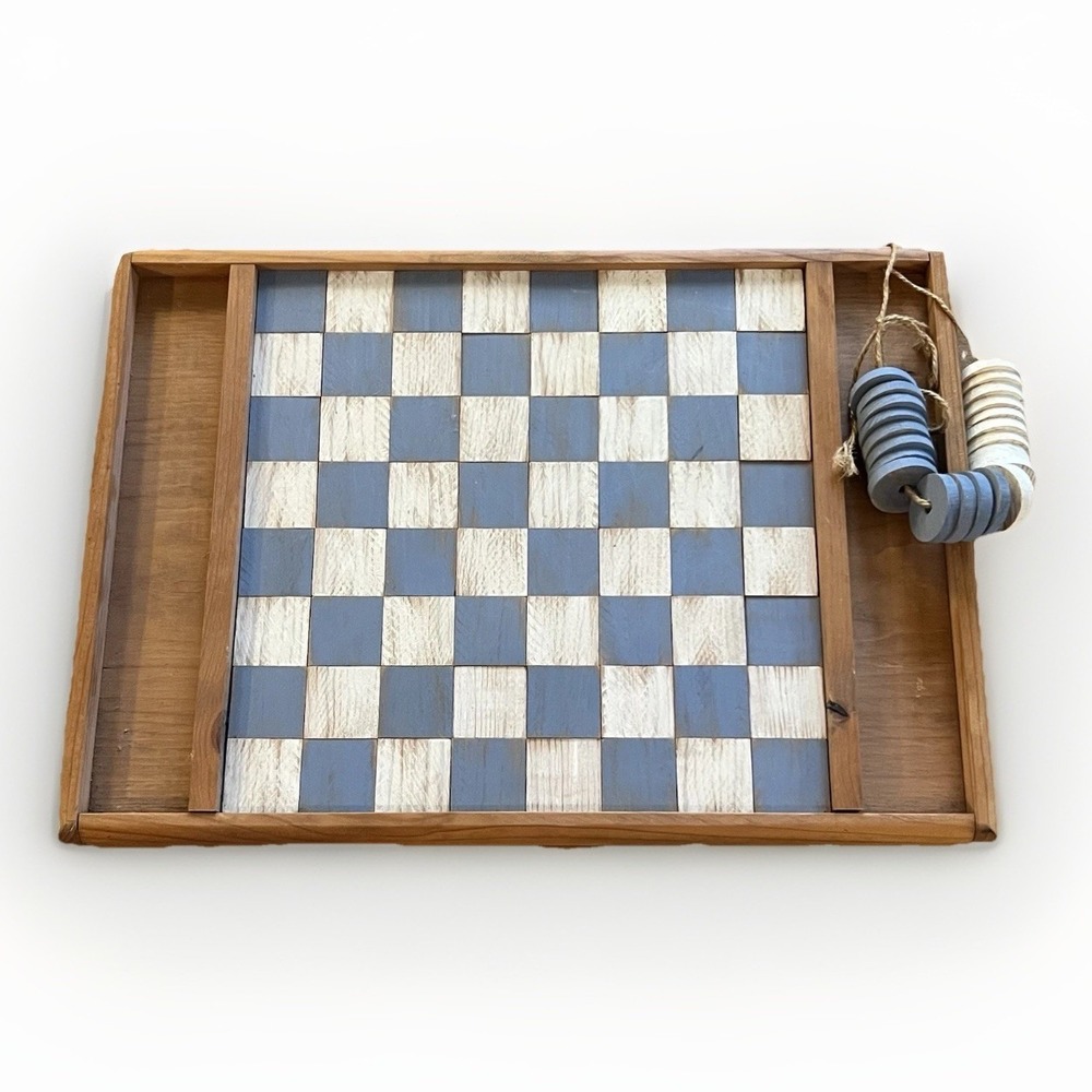 Vintage Style Wooden Checkers Game Board Wall Mount Rustic Blue White Handmade